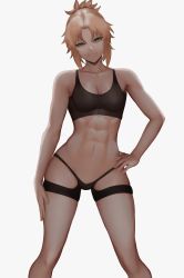 Rule 34 | 1girl, abs, absurdres, alternate costume, bad id, bad twitter id, black shorts, black tank top, blonde hair, breasts, fate/apocrypha, fate/grand order, fate (series), green eyes, highres, looking at viewer, medium breasts, mordred (fate), mordred (fate/apocrypha), navel, shorts, smile, sportswear, tank top, thighs, tomboy, toned, zaki (zaki btw)