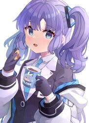 Rule 34 | 1girl, absurdres, arona (blue archive), black suit, blue archive, blue necktie, cameo, checkerboard cookie, coffee, collared shirt, commentary request, cookie, cup, food, formal, gloves, half gloves, highres, id card, jacket, jacket partially removed, looking at viewer, mug, multicolored clothes, multicolored jacket, necktie, nomio, off shoulder, open clothes, open jacket, parted bangs, purple hair, shirt, sidelocks, solo, suit, two-tone jacket, two side up, white background, white jacket, white shirt, yuuka (blue archive)