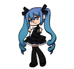 Rule 34 | 1girl, black dress, black footwear, black sleeves, black thighhighs, blue eyes, blue hair, closed mouth, detached sleeves, dress, drill hair, frilled dress, frilled sleeves, frills, full body, hair between eyes, hatsune miku, highres, infinity (module), long hair, looking at viewer, medium bangs, paperisfood, simple background, sleeveless, sleeveless dress, smile, solo, thighhighs, twin drills, twintails, very long hair, vocaloid
