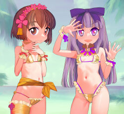 Rule 34 | 1.0-tan, 2girls, 3.1-tan, :d, bikini, blunt bangs, bow, breasts, bridal garter, brown eyes, brown hair, cleavage, closed mouth, commentary request, cowboy shot, flower, gold bikini, hair bow, hairband, hands up, highres, hime cut, legs apart, legs together, light purple hair, long hair, looking at viewer, multiple girls, navel, neck ribbon, open mouth, os-tan, pink flower, purple bow, purple eyes, purple pupils, purple ribbon, red pupils, ribbon, short hair, small breasts, smile, split mouth, standing, swimsuit, tsukiyono aroe, yellow flower, yellow hairband