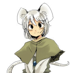Rule 34 | 1girl, animal ears, capelet, female focus, grey hair, jewelry, lowres, mouse ears, mouse tail, nazrin, pendant, short hair, simple background, smile, solo, tail, touhou, upper body, white background, yudepii