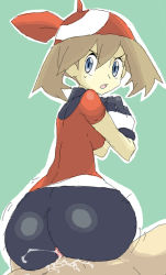 Rule 34 | 1girl, aliasing, ass, bandana, blue eyes, brown hair, buttjob, clothed female nude male, creatures (company), game freak, gloves, hip focus, huge ass, may (pokemon), nintendo, nude, pokemon, short hair, takuto, uncensored, wide hips