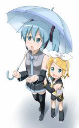 Rule 34 | 2girls, bad id, bad pixiv id, blonde hair, blue eyes, blue hair, detached sleeves, female focus, gradient background, hair ornament, hairclip, hatsune miku, highres, holding, holding umbrella, kagamine rin, multiple girls, necktie, short hair, simple background, thighhighs, twintails, umbrella, vocaloid, white background, youkan