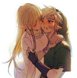 Rule 34 | 1boy, 1girl, arms around neck, blonde hair, blunt bangs, blush, bracer, breasts, closed eyes, couple, dirty, dirty face, dress, fingerless gloves, gloves, green headwear, green tunic, hair ribbon, hand on another&#039;s arm, hetero, hug, injury, link, long hair, long sleeves, looking at another, medium breasts, nintendo, ninto, one eye closed, own hands together, parted lips, pointy ears, princess zelda, ribbon, shirt, short hair, sidelocks, the legend of zelda, the legend of zelda: skyward sword, upper body, white background, white dress, white shirt