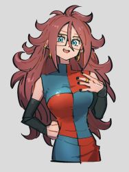 Rule 34 | 1girl, android 21, black nails, black sleeves, blue eyes, breasts, checkered clothes, checkered dress, detached sleeves, dragon ball, dragon ball fighterz, dress, earrings, fingernails, glasses, grey background, hair between eyes, hoop earrings, jewelry, kemachiku, long hair, looking at viewer, medium breasts, nail polish, open mouth, red hair, ring, simple background, smile, solo, teeth, upper teeth only