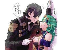Rule 34 | 1boy, 1girl, black hair, braid, breasts, byleth (female) (fire emblem), byleth (fire emblem), cheekbones, cleavage, closed mouth, cosplay, fire emblem, fire emblem: three houses, from side, gloves, green eyes, green hair, hair ornament, holding, holding knife, hubert von vestra, knife, long sleeves, nintendo, parted lips, robaco, short hair, side braid, simple background, sothis (fire emblem), sothis (fire emblem) (cosplay), tiara, twin braids, upper body, white background, white gloves