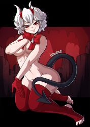 Rule 34 | 1girl, beelzebub (helltaker), bow, breasts, commentary, demon girl, demon horns, demon tail, gloves, hand on own face, hand up, helltaker, highres, horns, kinkymation, looking at viewer, medium breasts, nude, red bow, red eyes, red gloves, red thighhighs, short hair, smile, solo, tail, thighhighs, toeless legwear, white hair, white horns, wings