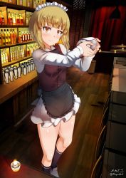 Rule 34 | 1girl, bartender, black bow, black bowtie, blonde hair, blush, bow, bowtie, breasts, closed mouth, cutlass (girls und panzer), female focus, girls und panzer, highres, indoors, looking at viewer, maid headdress, megadeko, microskirt, pleated skirt, shiny skin, short hair, skirt, small breasts, smile, solo, white skirt, yellow eyes