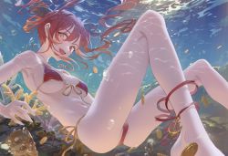 Rule 34 | 1girl, armpits, bare shoulders, bikini, blush, breasts, bubble, fang, hair ribbon, heterochromia, highres, hololive, houshou marine, houshou marine (summer), hxxg, large breasts, long hair, looking at viewer, ocean, open mouth, red bikini, red eyes, red hair, ribbon, skin fang, smile, solo, swimsuit, twintails, underwater, virtual youtuber, yellow eyes