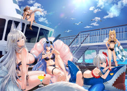 Rule 34 | 5girls, ;d, admiral graf spee (azur lane), animal ears, anniversary, artist request, ass, azur lane, bikini, bird, black bikini, blonde hair, blue eyes, blue hair, blush, breasts, butterfly hair ornament, cleavage, cocktail, cocktail glass, cup, day, drinking glass, expressionless, eyewear on head, fake animal ears, fox ears, fox girl, fox tail, frilled bikini, frills, from behind, from side, full body, hair ornament, halterneck, hand on own hip, happy, hat, high heels, highres, holding, holding swim ring, huge breasts, innertube, jean bart (azur lane), jean bart (private apres midi) (azur lane), kitsune, knee up, large breasts, legs up, long hair, looking afar, looking at viewer, looking away, looking back, lying, medium breasts, medium hair, midriff, multicolored hair, multiple girls, multiple tails, navel, new jersey (azur lane), official alternate costume, official art, on stomach, one eye closed, open mouth, outdoors, purple eyes, rabbit ears, red bikini, red eyes, red hair, seagull, shinano (azur lane), ship, short shorts, shorts, side-tie bikini bottom, sideboob, sitting, small breasts, smile, splashing, standing, staring, streaked hair, sunglasses, swim ring, swimsuit, tail, thigh strap, thighs, two-tone bikini, two-tone hair, very long hair, warspite (azur lane), water, watercraft, wet