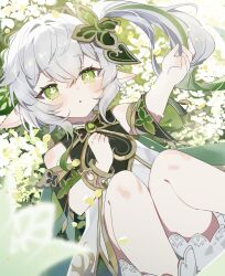 Rule 34 | 1girl, absurdres, bloomers, blush, bracelet, cape, commentary request, cross-shaped pupils, detached sleeves, dress, feet out of frame, flower, genshin impact, gold trim, gradient hair, green cape, green eyes, green hair, green sleeves, grey hair, hair ornament, hand up, highres, jewelry, leaf hair ornament, legs up, long hair, lying, multicolored hair, nahida (genshin impact), on back, parted lips, pointy ears, short sleeves, side ponytail, sidelocks, sleeveless, sleeveless dress, solo, sorani (kaeru0768), symbol-shaped pupils, underwear, white bloomers, white dress
