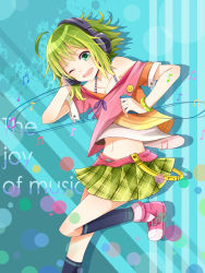 Rule 34 | 1girl, ;d, ahoge, ankle boots, badge, bare shoulders, beamed quavers, blue background, blue socks, boots, bracelet, breasts, buckle, buttons, cable, cleavage, collarbone, digital media player, english text, green eyes, green hair, green skirt, gumi, hairband, headphones, highres, holding, jewelry, kneehighs, leg up, matching hair/eyes, musical note, navel, off-shoulder shirt, off shoulder, one eye closed, open mouth, pink footwear, plaid, plaid skirt, pleated skirt, polka dot, polka dot bracelet, purple ribbon, quaver, ribbon, round teeth, sakia, shirt, short hair, simple background, skirt, sleeve cuffs, smile, smiley face, socks, solo, standing, stomach, striped, striped background, tareme, teeth, vocaloid