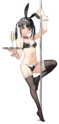 Rule 34 | 1girl, animal ears, arm up, armpits, bare arms, bare shoulders, bikini, black bikini, black hair, black thighhighs, breasts, brown eyes, champagne flute, cleavage, closed mouth, cup, detached collar, drinking glass, fake animal ears, feet, front-tie bikini top, front-tie top, full body, garter straps, halterneck, highres, holding, kantoku, leg up, long hair, looking at viewer, medium breasts, navel, no shoes, original, pole, pole dancing, rabbit ears, sidelocks, simple background, smile, solo, stomach, string bikini, stripper pole, swimsuit, thighhighs, thighs, tray, twintails, white background, wrist cuffs