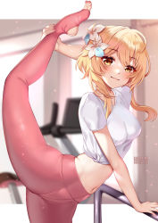 Rule 34 | 1girl, :3, artist name, blonde hair, blurry, blurry background, blush, breasts, commentary, crop top, english commentary, flower, genshin impact, hair flower, hair ornament, head tilt, highres, indoors, leg up, leggings, light particles, looking at viewer, lumine (genshin impact), medium breasts, midriff, nail polish, navel, pantyhose, pink leggings, pink nails, pink pantyhose, shirt, short hair, short sleeves, smile, solo, squchan, stomach, stretching, thighs, tied shirt, toeless legwear, toenail polish, toenails, white flower, white shirt, yellow eyes