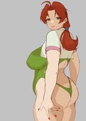 Rule 34 | 1girl, absurdres, antenna hair, arms behind head, ass, ass grab, bare legs, breasts, brown eyes, brown hair, butt crack, bz rantong, cleavage, creatures (company), curvy, delia ketchum, game freak, grabbing own ass, green one-piece swimsuit, highleg, highleg swimsuit, highres, huge ass, large breasts, long hair, looking at viewer, looking back, low ponytail, mature female, nintendo, one-piece swimsuit, open clothes, open shirt, pokemon, pokemon (anime), pokemon (classic anime), pokemon ep018, ponytail, shiny clothes, shiny skin, shirt, sky, smile, solo, sunlight, swimsuit, thick thighs, thighs, white shirt