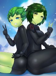 Rule 34 | 2girls, ass, back-to-back, biker clothes, bikesuit, bird, black gloves, black shorts, blue eyes, blush, bodysuit, breasts, cloud, colored skin, commission, fang, fingerless gloves, from side, gloves, green eyes, green skin, grin, hand on own thigh, happy, highres, large breasts, looking at viewer, monster girl, multiple girls, original, outdoors, pearl aureyama, plant girl, plant hair, shiny clothes, shorts, shoulder pads, siblings, sisters, sitting, sky, small breasts, smile, star (sky), thighs, twilight, v, vanu aureyama, xiaodi