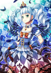 Rule 34 | &gt;:), 10s, 1girl, aikatsu!, aikatsu! (series), akashio (loli ace), argyle, bell, bell earrings, black feathers, black gloves, black wings, blue flower, blue hair, blue rose, bow, collarbone, crown, detached collar, dress, drill hair, earrings, feathers, fleur-de-lis, flower, gloves, green eyes, jewelry, looking at viewer, orange bow, rose, smile, solo, todo yurika, twin drills, twintails, v-shaped eyebrows, wings