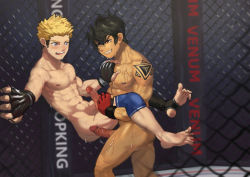 Rule 34 | 2boys, abs, against wall, ass, black hair, blonde hair, erection, feet, fence, gloves, grin, highres, male focus, multiple boys, naughty face, penis, public indecency, scar, smile, sports wear, tattoo, toes, wrestling, wrestling ring, yaoi