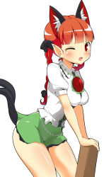 Rule 34 | 1girl, animal ears, bow, braid, breasts, cat ears, cat tail, cosplay, extra ears, fang, hair bow, highres, kaenbyou rin, kyokutou hentai samurai, long hair, looking at viewer, miniskirt, multiple tails, nekomata, one eye closed, pointy ears, red eyes, red hair, reiuji utsuho, reiuji utsuho (cosplay), short sleeves, simple background, skirt, smile, solo, tail, touhou, twin braids, white background, wide hips