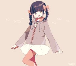Rule 34 | 1girl, blush, bow, braid, dot nose, grey background, grey jacket, hair bow, hood, hood down, hooded jacket, jacket, looking at viewer, maco22, open mouth, original, pink bow, ringed eyes, skirt, solo, twin braids, white skirt, zipper pull tab