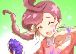 1girl, arm up, blush, braid, chloe (pokemon), collared shirt, creatures (company), eyes closed, food, fruit, game freak, gradient, gradient background, green background, hair ornament, hair scrunchie, hands up, holding, holding food, holding fruit, long braid, long hair, maroon hair, nintendo, open mouth, pink shirt, pokemon, pokemon (anime), pokemon swsh (anime), scrunchie, shirt, side braid, smile, upper body, upper teeth