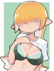 Rule 34 | 1girl, blush, bra, breasts, cleavage, clothes lift, green background, hair over eyes, hand on own chest, hekoningyou (waraningyou), highres, inkling, inkling girl, inkling player character, large breasts, long hair, multicolored hair, nintendo, orange hair, pointy ears, shirt lift, splatoon (series), two-tone hair, underwear, white hair