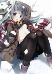 Rule 34 | 1girl, ahoge, areola slip, black pantyhose, blue eyes, blurry, blush, boots, bow, bowtie, clothes lift, coat, depth of field, duffel coat, gloves, grey hair, head tilt, highres, knees together feet apart, lying, miniskirt, mittens, on back, original, pantyhose, pink footwear, pleated skirt, rabbit, scarf, shirt lift, skirt, snow, snow rabbit, solo, stomach, wavy mouth, white mittens, yellow bow, yellow bowtie, yoruneko