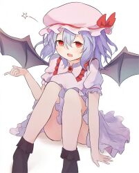 Rule 34 | 1girl, ar (maeus), ass, bat wings, black socks, collared shirt, frilled skirt, frills, hair between eyes, hat, hat ribbon, highres, mob cap, open mouth, pink hat, pink shirt, pink skirt, purple hair, red eyes, red ribbon, remilia scarlet, ribbon, shirt, short hair, simple background, skirt, socks, solo, touhou, white background, wings