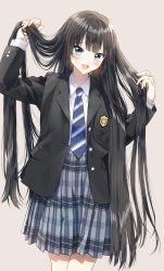 Rule 34 | 1girl, :d, arm up, black hair, black jacket, blazer, blue eyes, blue necktie, blue skirt, blush, collared shirt, commentary request, diagonal-striped clothes, diagonal-striped necktie, diagonal-striped neckwear, grey background, hand up, highres, holding, holding own hair, jacket, long hair, long sleeves, looking at viewer, necktie, open clothes, open jacket, open mouth, original, pentagon (railgun ky1206), plaid, plaid skirt, pleated skirt, school uniform, shirt, simple background, skirt, smile, solo, striped clothes, striped necktie, striped neckwear, very long hair, white shirt