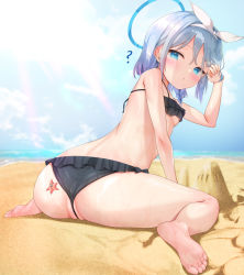 Rule 34 | 1girl, ?, arona (blue archive), ass, beach, bikini, blue archive, blue eyes, blue hair, blush, bow, braid, breasts, cleft of venus, feet, frilled bikini, frills, goldowl, hair over one eye, hairband, halo, highres, looking at viewer, multicolored hair, parted lips, partially visible vulva, pink hair, ribbon, sand, short hair, small breasts, soles, solo, starfish, swimsuit