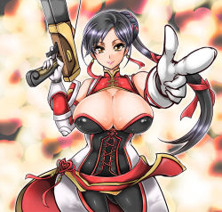 Rule 34 | 1041 (toshikazu), 1girl, bare shoulders, black hair, bow (weapon), breasts, brown eyes, cleavage, crossbow, elbow gloves, finger gun, foreshortening, gloves, hip focus, huge breasts, lian shi, long hair, pointing, shin sangoku musou, shin sangoku musou 6, smile, solo, weapon
