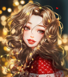 Rule 34 | 1girl, backlighting, christmas, commentary request, eyelashes, hair between eyes, highres, light brown hair, long hair, looking to the side, original, parted lips, portrait, red lips, rena illusion, ribbed sweater, solo, sparkle, sweater, wavy hair