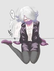 Rule 34 | 1girl, buttons, closed eyes, danganronpa (series), danganronpa 3 (anime), eyebrows, flipped hair, gloves, highres, jacket, japanese text, kimura seiko, mask, mouth mask, one eye covered, pantyhose, purple gloves, shirt, shoes, side bangs, silver hair, simple background, skirt, surgical mask, text focus, white shirt