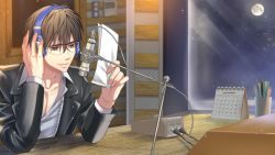 Rule 34 | 1boy, adjusting headphones, bishounen, black jacket, blurry, blurry background, brown hair, calendar (object), commission, cup, elbows on table, full moon, glasses, hair between eyes, headphones, indoors, izumi (stardustalone), jacket, male focus, microphone, moon, night, official art, pen, sitting, smile, solo, table, upper body, virtual youtuber
