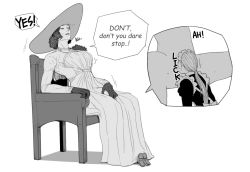 Rule 34 | 2girls, alcina dimitrescu, bad id, bad twitter id, closed eyes, commentary, cunnilingus, english commentary, english text, greyscale, hat, kneeling, long hair, lucy maud1, maid, monochrome, multiple girls, on chair, oral, parted lips, resident evil, resident evil village, shadow, simple background, sitting, size difference, sun hat, under another&#039;s clothes, under skirt, white background, yuri