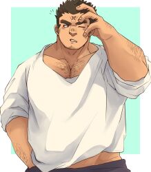 Rule 34 | 1boy, arm hair, bara, blush, chest hair, chest hair peek, clothes lift, cross scar, dark-skinned male, dark skin, facial hair, goatee stubble, hand in own hair, hand in pocket, hand on own head, highres, houzouin oniwaka, large pectorals, long sideburns, male focus, mature male, midriff peek, muscular, muscular male, notice lines, one eye closed, pectoral cleavage, pectorals, sanpaku, scar, scar on face, scar on forehead, shirotoki (qdng0atngbaqmce), shirt lift, short hair, sideburns, sleepy, solo, stubble, thick eyebrows, tokyo houkago summoners, v-shaped eyebrows