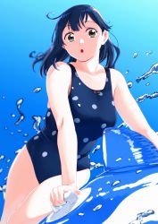 Rule 34 | 1girl, :o, absurdres, ahoge, blue background, blue hair, breasts, brown eyes, commentary request, highres, kantai collection, long hair, looking at viewer, medium breasts, ojipon, one-piece swimsuit, polka dot, polka dot swimsuit, simple background, solo, swimsuit, ushio (kancolle), water