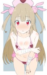 Rule 34 | 1girl, absurdres, bad id, bad twitter id, bandages, bikini, blush, closed mouth, collarbone, donguri suzume, groin, hair ornament, hat, heart, highres, leaning forward, light brown hair, long hair, looking at viewer, nail polish, natori sana, navel, nurse cap, pink bikini, pink hat, rabbit hair ornament, red eyes, red nails, sana channel, solo, swimsuit, thighs, two side up, very long hair, virtual youtuber, wavy mouth