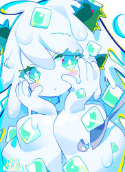 Rule 34 | 1girl, absurdres, blush, bright pupils, closed mouth, colored eyelashes, diamond-shaped pupils, diamond (shape), green eyes, hands on own cheeks, hands on own face, highres, light frown, looking at viewer, monster girl, original, slime (substance), slime girl, solo, symbol-shaped pupils, uenomigi, upper body, white pupils, yogurt