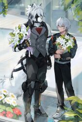 Rule 34 | 2boys, black pants, bouquet, commentary request, daisy, eye contact, fingerless gloves, flower, full body, furry, furry male, gloves, green eyes, grey footwear, grey sweater vest, grin, hair between eyes, highres, holding, holding bouquet, leaf, light blush, long sleeves, looking at another, male focus, multicolored hair, multiple boys, ne1192z10a, outdoors, pants, red flower, road, short hair, smile, standing, streaked hair, street, sweater vest, tail, tail strap, teeth, two-tone hair, von lycaon, white flower, white hair, wise (zenless zone zero), wolf boy, zenless zone zero