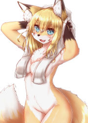 Rule 34 | 1girl, :3, animal ears, animal nose, arms behind head, arms up, blonde hair, blue eyes, blush, breasts, brown fur, cleavage, fang, fox ears, fox girl, furry, furry female, highres, horokusa (korai), looking at viewer, medium breasts, open mouth, original, simple background, smile, solo, towel, towel around neck, white background, white fur