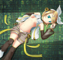 Rule 34 | 00s, 1girl, areola slip, blonde hair, blush, bow, breasts, closed mouth, covered erect nipples, detached sleeves, green eyes, hair bow, hair ornament, hairclip, headphones, kagamine rin, looking at viewer, lying, n2m3, navel, no bra, on back, open fly, panties, panty peek, short hair, shorts, small breasts, solo, striped clothes, striped panties, underboob, underwear, vocaloid, white bow
