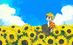 Rule 34 | 1boy, bad id, bad pixiv id, blonde hair, blush, boney, closed mouth, cloud, day, dog, field, flower, flower field, lucas (mother 3), male focus, mother (game), mother 3, nintendo, outdoors, shirt, short sleeves, sky, soumenhiyamugi, striped clothes, striped shirt, sunflower, sunflower field