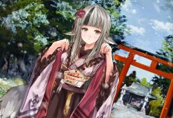 Rule 34 | 1girl, 2023, animal ears, black hair, breasts, collarbone, fingernails, fire emblem, fire emblem fates, fire emblem heroes, frilled kimono, frilled sleeves, frills, fuussu (21-kazin), grey hair, grey tail, hair ornament, hands up, highres, japanese clothes, kimono, medium breasts, multicolored hair, nintendo, official alternate costume, solo, streaked hair, tail, torii, two-tone hair, velouria (fire emblem), velouria (new year) (fire emblem), wide sleeves, wolf ears, wolf girl, wolf tail