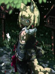 Rule 34 | 1girl, animal ear fluff, animal ears, artist name, bare shoulders, blonde hair, blue eyes, blunt bangs, chromatic aberration, closed mouth, dappled sunlight, facing viewer, fox ears, fox girl, fox tail, from side, grass, highres, jewelry, kuro kosyou, original, outdoors, shikigami, short eyebrows, short hair, solo, split mouth, standing, straight hair, sunlight, tail, thick eyebrows