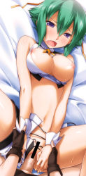 Rule 34 | 10s, 1boy, 1girl, aquarion (series), aquarion evol, bare shoulders, blush, breasts, breasts out, censored, chikugen shiina, clothing aside, crop top, fingerless gloves, gloves, green hair, hetero, holding another&#039;s wrist, large breasts, lying, missionary, navel, nipples, no bra, on back, open mouth, penis, pussy, sex, shiny skin, short hair, short shorts, shorts, shorts aside, spread legs, sweat, uncensored, vaginal, wrist cuffs, zessica wong
