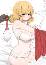 Rule 34 | 1boy, 1girl, absurdres, aftersex, bare shoulders, blonde hair, blush, bra, breasts, cleavage, condom, cum, dark skin, dress-up, drill hair, drill sidelocks, elly (touhou), garter straps, highres, holding, holding condom, kumiyabe, large breasts, looking at viewer, navel, open mouth, panties, short hair, sidelocks, sitting, sweat, thighhighs, touhou, touhou (pc-98), underwear, used condom, v-shaped eyebrows, wavy hair, white bra, white garter straps, white panties, white thighhighs, yellow eyes