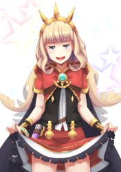 Rule 34 | 1girl, blonde hair, blunt bangs, bow, bracelet, cagliostro (granblue fantasy), cape, clothes lift, cowboy shot, gem, granblue fantasy, hairband, highres, jewelry, long hair, long skirt, looking at viewer, niiyamuneko, open mouth, purple eyes, red skirt, skirt, skirt lift, smile, smug, solo, spiked hairband, spikes, test tube, tiara, vial