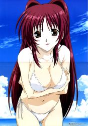 Rule 34 | 00s, 1girl, :d, absurdres, bikini, blush, breast hold, breasts, breasts squeezed together, brown eyes, cleavage, cloud, crease, crossed arms, day, hair intakes, highres, kousaka tamaki, large breasts, leaning forward, long hair, looking at viewer, megami magazine, navel, nishio kouhaku, ocean, official art, open mouth, outdoors, panties, parted bangs, red hair, scan, side-tie bikini bottom, side-tie panties, sideboob, sidelocks, sky, smile, solo, standing, stitched, string bikini, swimsuit, third-party edit, to heart (series), to heart 2, underwear, very long hair, water, white bikini