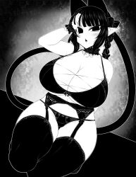 Rule 34 | 1girl, animal ears, blunt bangs, bow, bra, braid, breasts, cat ears, cat girl, cat tail, cleavage, commentary request, curvy, detached collar, extra ears, full body, garter belt, greyscale, hair bow, haseru (ginku mh), heart, huge breasts, kaenbyou rin, looking at viewer, monochrome, multiple tails, nekomata, open mouth, panties, pointy ears, side braid, sidelocks, solo, tail, thighhighs, touhou, two tails, underwear, wrist cuffs